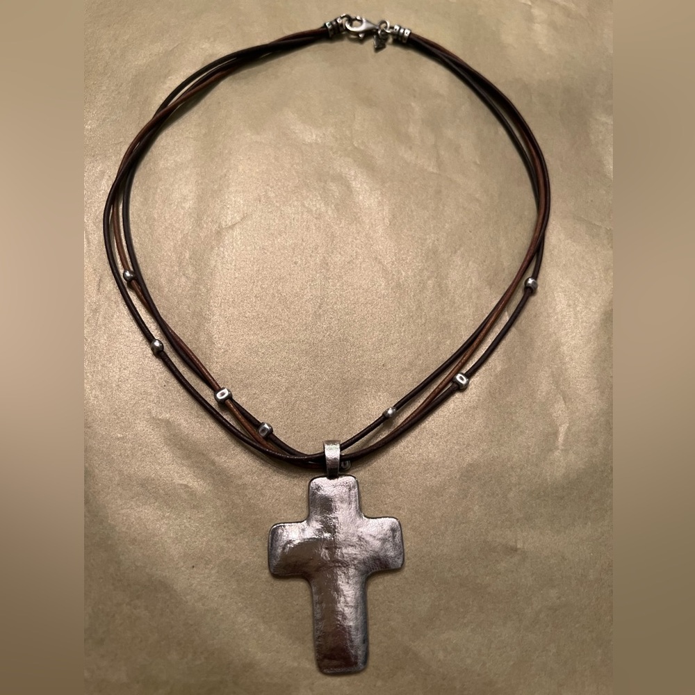 Vintage Silpada 925 Silver Cross pendant with 18 in triple leather strand chord